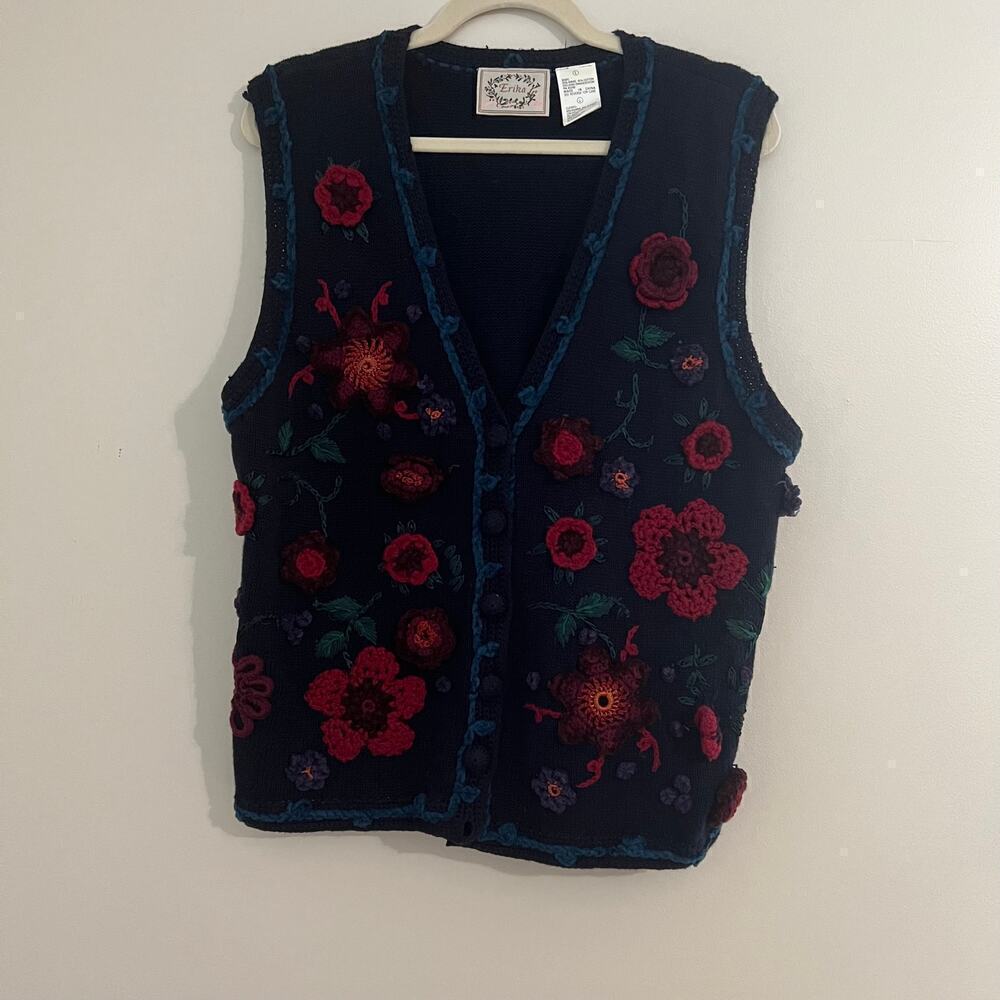 Vintage Erika Ramie‎ Cotton Blend Crochet Floral Button Front Vest Cottagecore